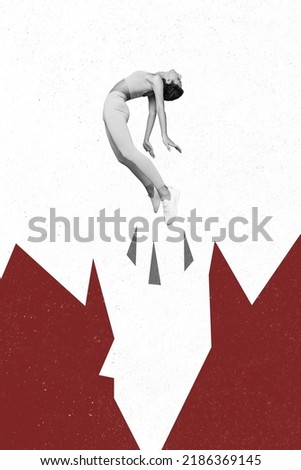 Vertical collage illustration of flying girl black white colors levitate air isolated on painted creative background
