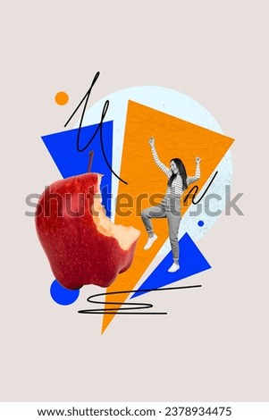 Vertical collage illustration of funky girl diet lunch bite huge red apple healthcare nutrition and dancing isolated on abstract background