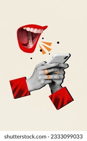 Vertical collage illustration of funny human mouth negative mood aggression screaming phone lying message isolated on beige background - Shutterstock ID 2333099033