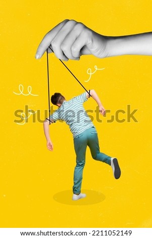 Vertical collage illustration of huge human arm black white effect hold strings miniature puppet guy isolated on creative yellow background