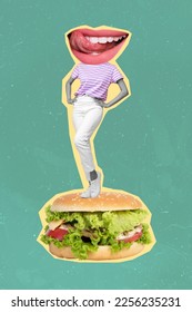 Vertical collage illustration of mini girl big smiling mouth instead head tongue lick teeth stand huge burger isolated on drawing background - Shutterstock ID 2256235231