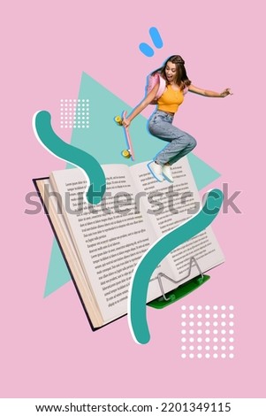 Vertical collage illustration of overjoyed happy girl jump ride skate huge book holder isolated on painted pink background