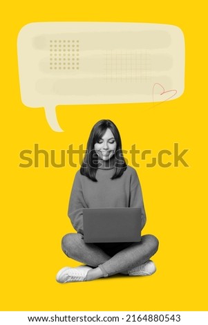 Vertical collage illustration of positive person black white gamma sitting use wireless netbook