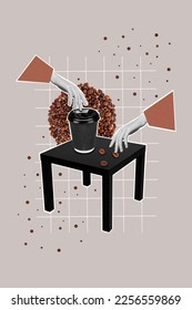 Vertical collage illustration of two black white effect arms touch hold hot fresh coffee cup seeds isolated on creative background