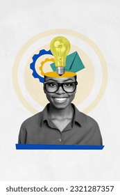 Vertical collage image 3d artwork of smiling successful woman solving task creativity inspiration concept isolated on painted background