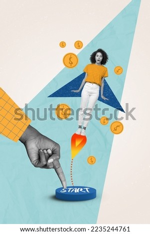 Vertical collage image of arm finger press start button launch mini black white effect girl flying jetpack money coins isolated on drawing background