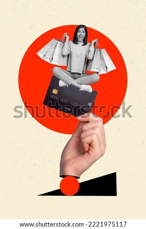 Vertical collage image of arm hold mini impressed girl sit debit card shopping bags limited time only offer isolated on creative background