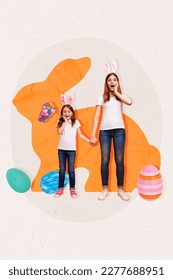 Vertical collage image astonished funky mother daughter hold hands collect painted eggs net big drawing bunny isolated creative background