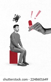 Vertical collage image of big arm fingers hold pill give minded mini guy black white colors isolated on creative background