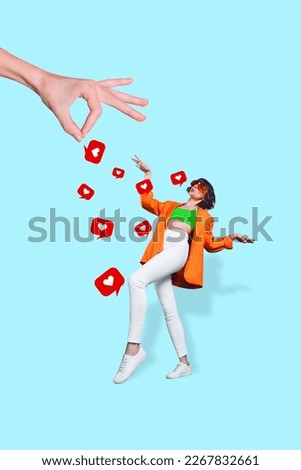 Vertical collage image of big arm fingers pour like notification mini girl enjoy dancing