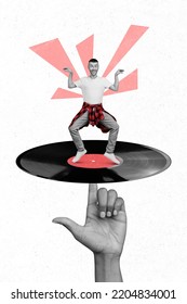 Vertical Collage Image Of Big Human Arm Finger Hold Vinyl Record Dancing Little Guy Black White Colors Isolated On Painted Background