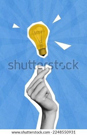 Vertical collage image of black white effect human arm fingers demonstrate korean love gesture light bulb isolated on blue drawing background