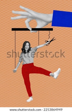 Vertical collage image of black white colors arm fingers hold strings mini girl scissors cut untie isolated on creative background