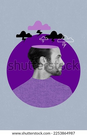Vertical collage image of black white gamma guy opened head thunderstorm clouds lightning isolated on painted background