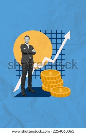 Vertical collage image of black white gamma successful person crossed arms pile stack money coin growing arrow upwards