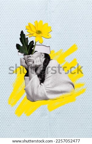 Vertical collage image of black white gamma girl hands touch cheeks yellow flower head think dream isolated on painted background