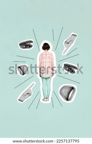 Vertical collage image of black white gamma arms point fingers eyes watch mouth yell hate bullying girl isolated on painted background [[stock_photo]] © 