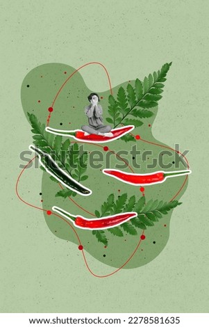 Vertical collage image of black white colors mini frightened girl sitting chili spicy pepper isolated on painted background