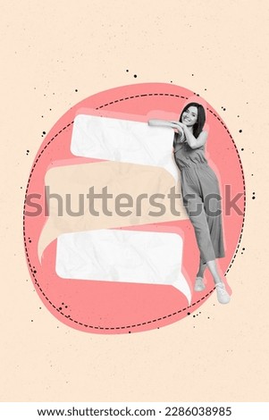 Vertical collage image of black white effect mini positive girl empty space big dialogue bubble isolated on drawing background