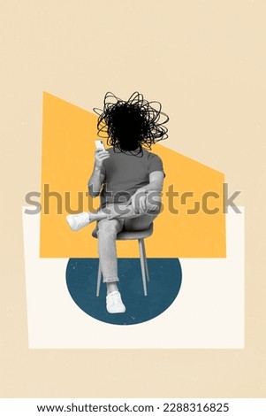 Vertical collage image of black white colors guy sit chair drawing mess instead head addicted use smart phone isolated on beige background