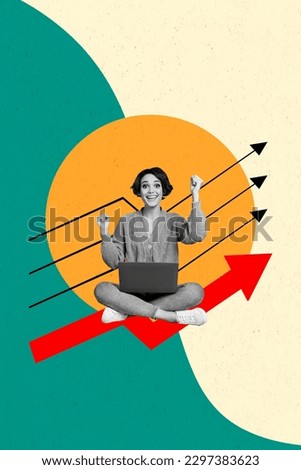 Vertical collage image of black white gamma excited girl raise fists use netbook growing arrows upwards isolated on divided background