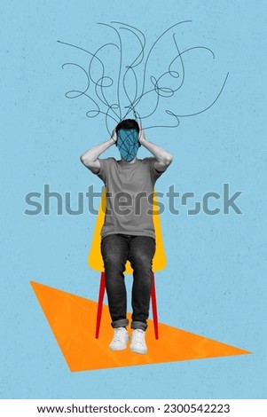 Vertical collage image of black white colors guy sit chair hands touch drawing mess head isolated on blue background