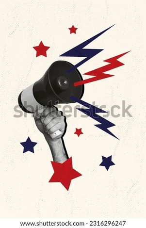 Vertical collage image of black white effect arm hold loudspeaker toa drawing stars usa independence day isolated on creative background