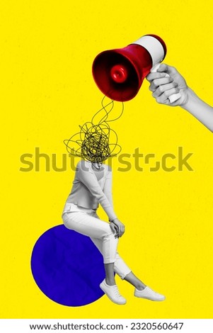 Vertical collage image of black white effect arm hold loudspeaker mini girl painted mess instead head isolated on yellow background