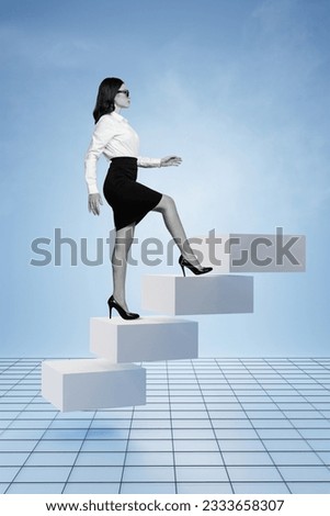 Vertical collage image of black white effect successful elegant girl walking climb stairs upwards isolated on drawing blue background