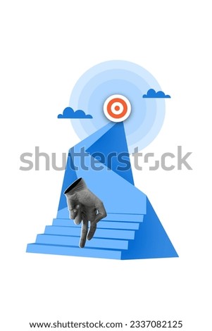 Vertical collage image of black white effect arm fingers walk climb stairs upwards clouds sky darts board target isolated on creative background