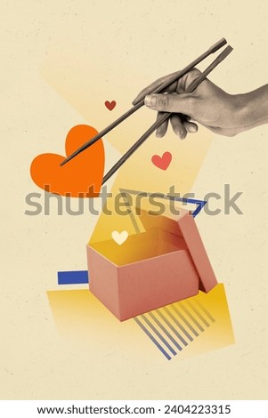 Vertical collage image of black white effect arm fingers hold chopsticks heart symbol opened giftbox isolated on beige background