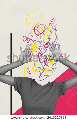 Vertical collage image of black white effect girl raise arms painted mess chaos instead head isolated on creative background