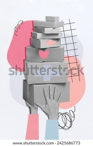 Vertical collage image of black white effect arms hold pile stack aid help donation boxes isolated on creative background