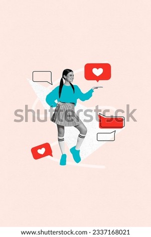 Vertical collage image of cheerful black white effect girl arm hold like notification dialogue bubble isolated on beige background