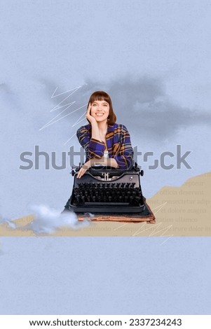 Vertical collage image of cheerful girl retro mechanical typing machine clouds isolated on paper creative blue background