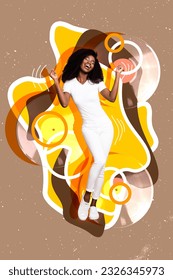 Vertical collage image cheerful positive girl enjoy dancing drawing vinyl records isolated painted brown background