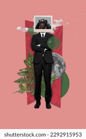 Vertical collage image of elegant guy folded arms monitor display monkey head plant leaves moon isolated on pink background