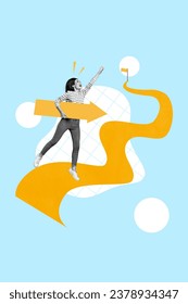 Vertical collage image of excited black white effect girl arm hold arrow pointer jump drawing path destination flag isolated on blue background