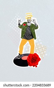 Vertical Collage Image Of Excited Cheerful Grandfather Black White Gamma Dancing Vinyl Record Red Rose Flower Isolated On Painted Background