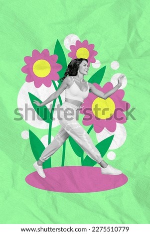 Vertical collage image of excited cheerful mini black white colors girl running big painted flowers isolated on drawing background