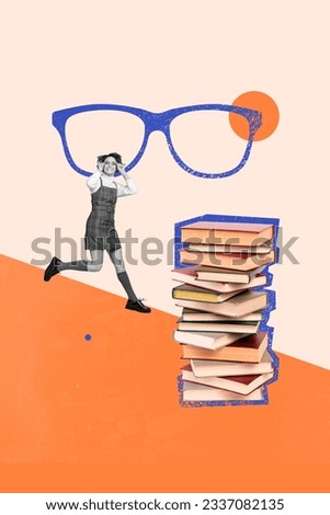 Vertical collage image of excited clever mini girl jumping big drawing glasses pile stack book isolated on creative background