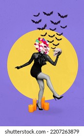 Vertical collage image excited girl wear halloween costume dancing hand hold skull candle light flying bats isolated drawing background