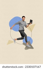 Vertical collage image of excited positive guy use netbook run arrow pointer cursor isolated on creative painted background