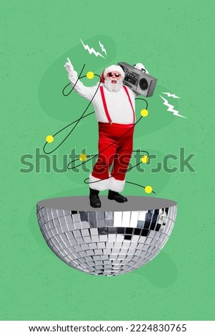 Vertical collage image of funny crazy aged santa claus stand half huge disco ball carry boombox dance clubbing isolated on painted background
