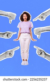 Vertical collage image of hand demonstrate thumb down point fingers impressed black white gamma girl isolated on blue background - Shutterstock ID 2256235237