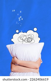 Vertical collage image headless sleeping person arms hold white pillow isolated blue background