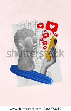 Vertical collage image of human head statue arm hold smart phone like notification paper list isolated on beige background