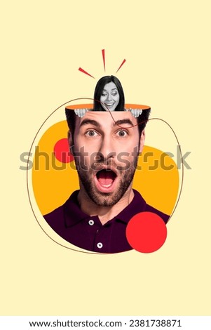 Vertical collage image of impressed guy open mouth mini black white effect cheerful girl inside head isolated on beige background