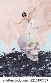 Vertical Collage Image Of Impressed Horrified Girl Standing Balancing Big Skull Scary Spiders Isolated On Painted Background