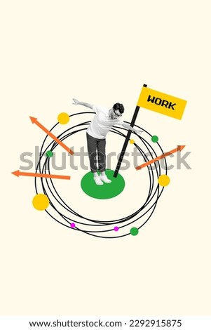 Vertical collage image of impressed mini black white colors guy stand near work flag balancing arrow pointers isolated on creative background